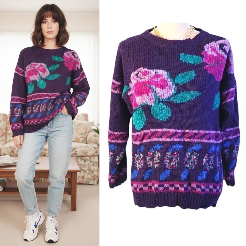 VTG Carducci Purple Floral Knit Sweater L Oversized 80s‎ 90s Grandma Core